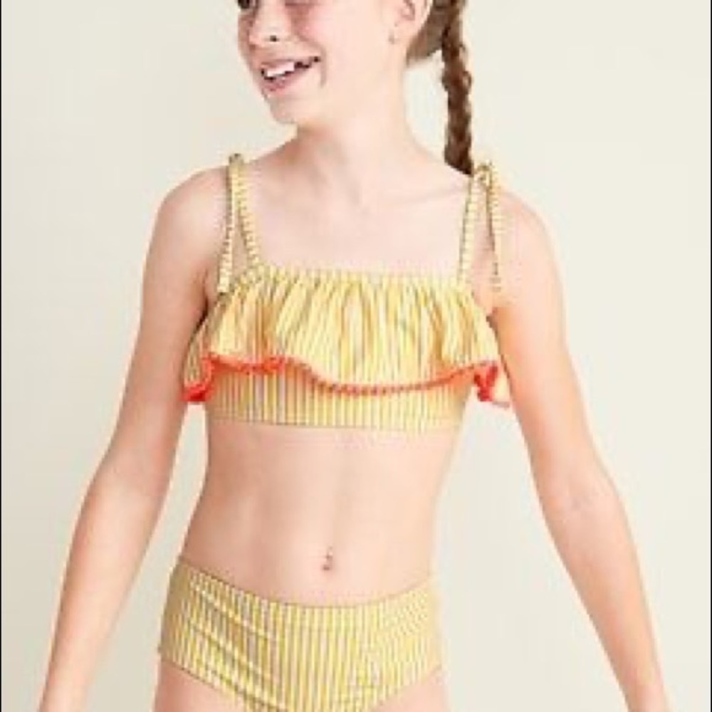 NWOT Old Navy Yellow Stripe and Coral Pom-Pom Bikini Top